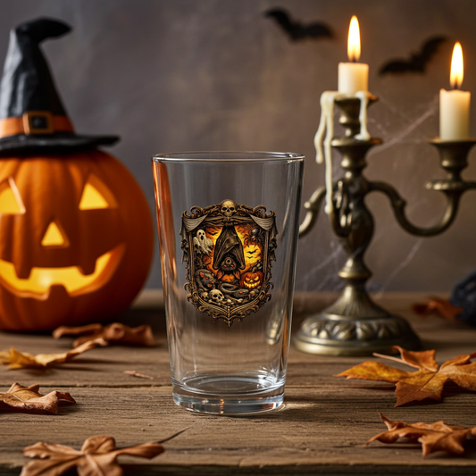 Halloween Skull Mason Pint Glass – Spooky Pumpkin & Vampire Bat Beer Glass (16oz)