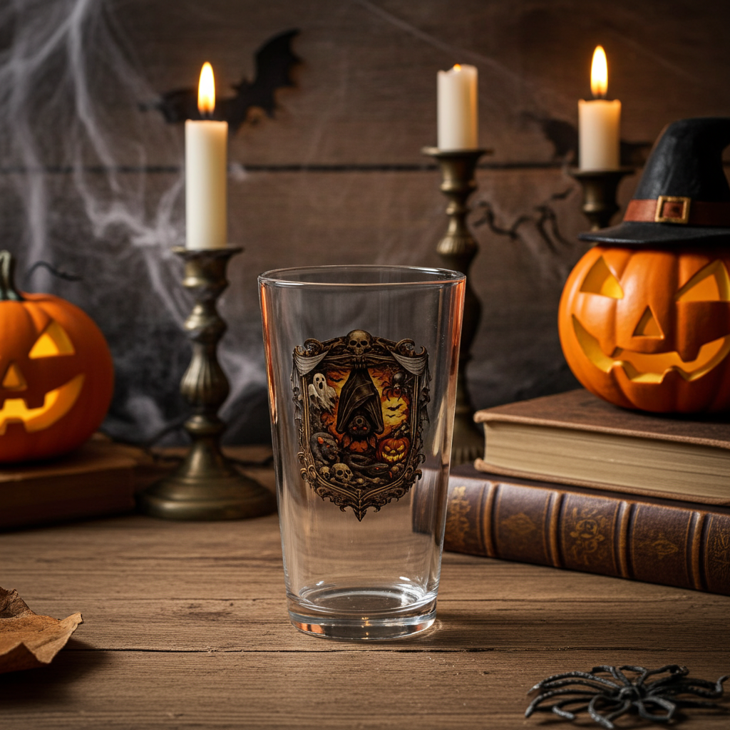 Halloween Skull Mason Pint Glass – Spooky Pumpkin & Vampire Bat Beer Glass (16oz)