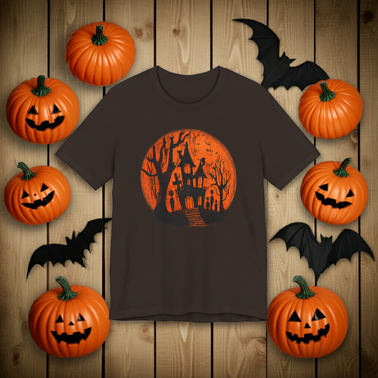 Haunted House Halloween Tee – Spooky Orange Moon Graphic T-Shirt