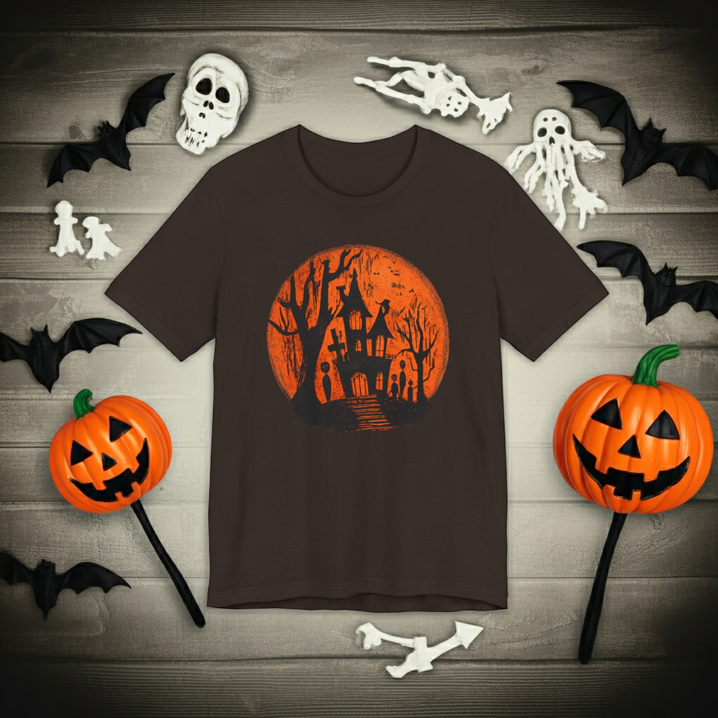 Haunted House Halloween Tee – Spooky Orange Moon Graphic T-Shirt