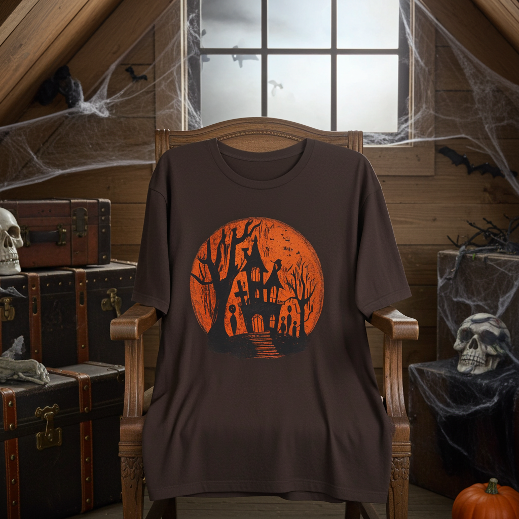 Haunted House Halloween Tee – Spooky Orange Moon Graphic T-Shirt