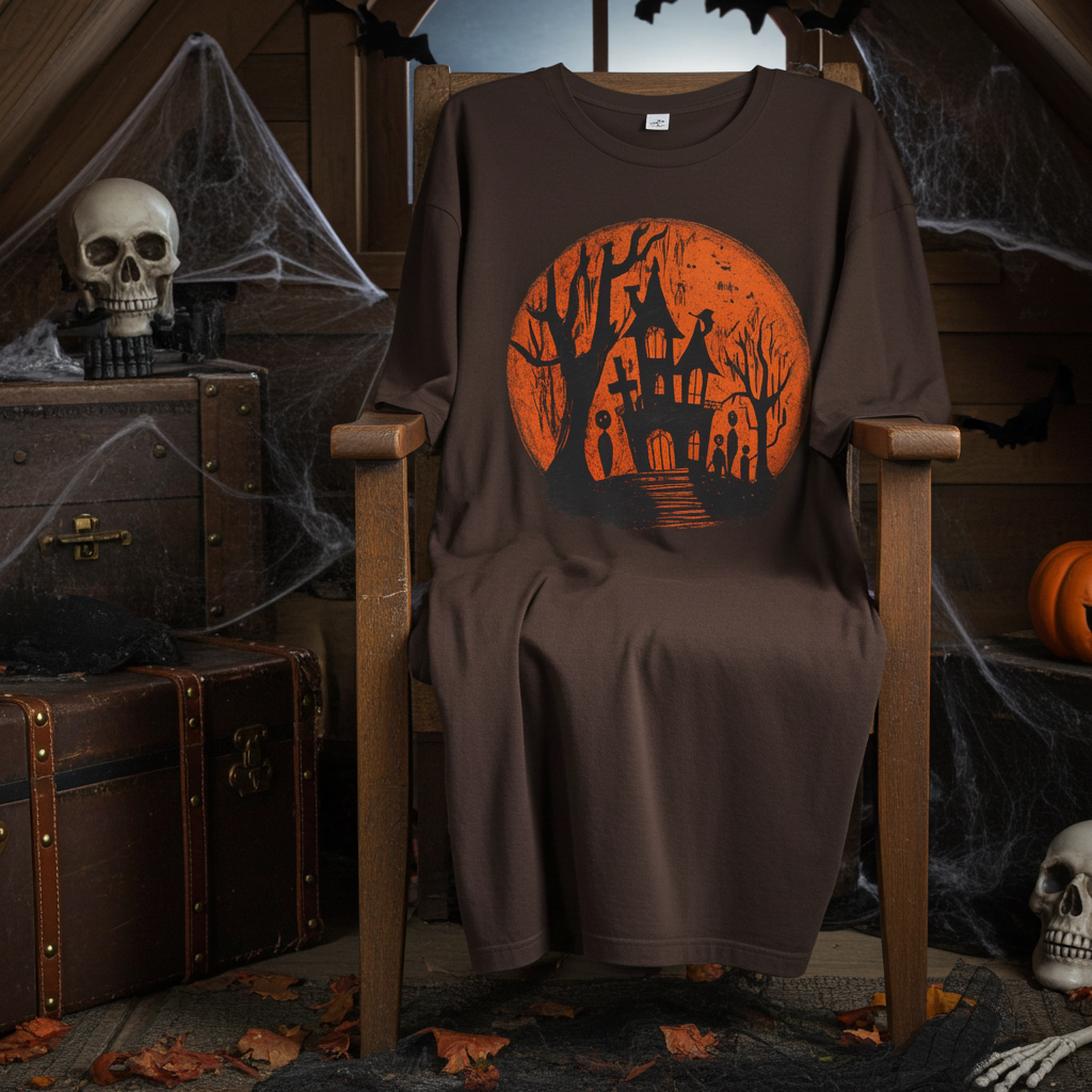 Haunted House Halloween Tee – Spooky Orange Moon Graphic T-Shirt