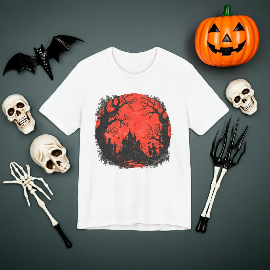 Horror Castle Tee — Red Moon Haunted Forest Graphic T-Shirt