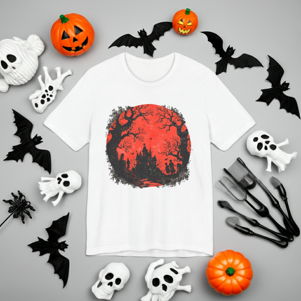 Horror Castle Tee — Red Moon Haunted Forest Graphic T-Shirt