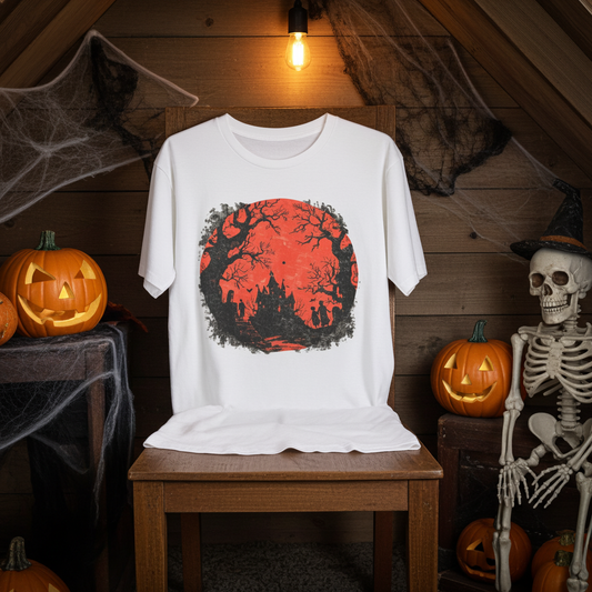 Horror Castle Tee — Red Moon Haunted Forest Graphic T-Shirt