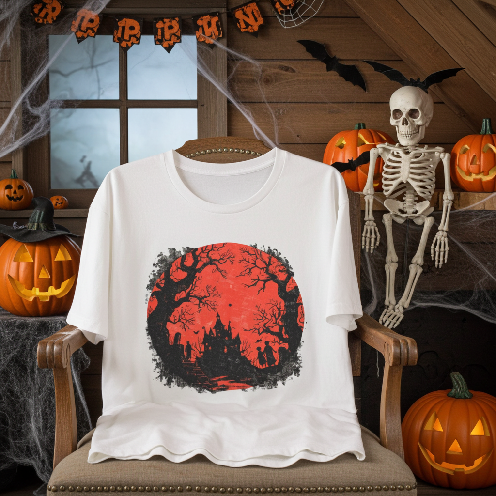 Horror Castle Tee — Red Moon Haunted Forest Graphic T-Shirt