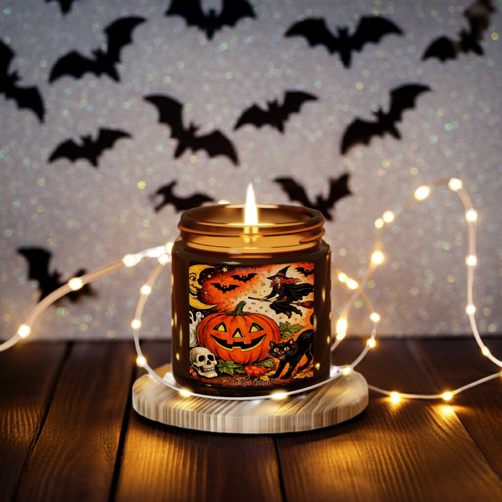 4 OZ Halloween Pumpkin Soy Candle — Amber Jar Scented Candle (Vintage Jack-O'-Lantern Design)