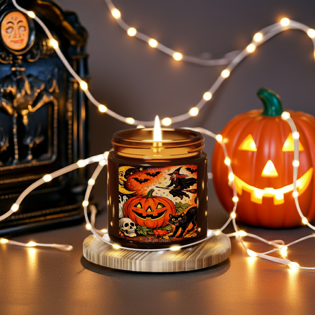 4 OZ Halloween Pumpkin Soy Candle — Amber Jar Scented Candle (Vintage Jack-O'-Lantern Design)
