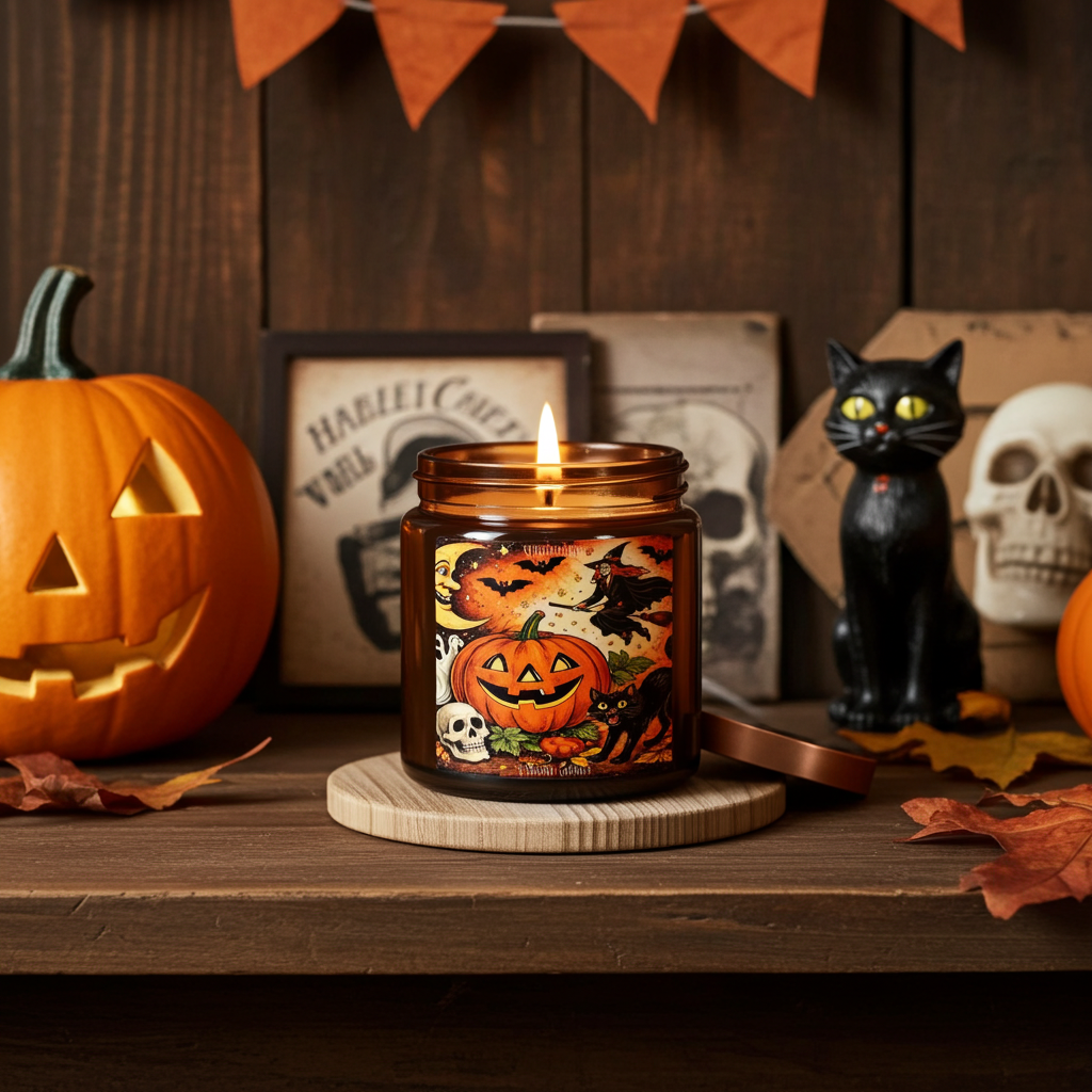 4 OZ Halloween Pumpkin Soy Candle — Amber Jar Scented Candle (Vintage Jack-O'-Lantern Design)