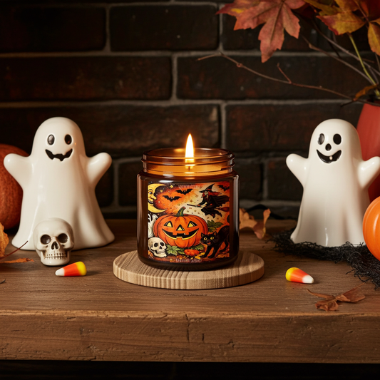 4 OZ Halloween Pumpkin Soy Candle — Amber Jar Scented Candle (Vintage Jack-O'-Lantern Design)