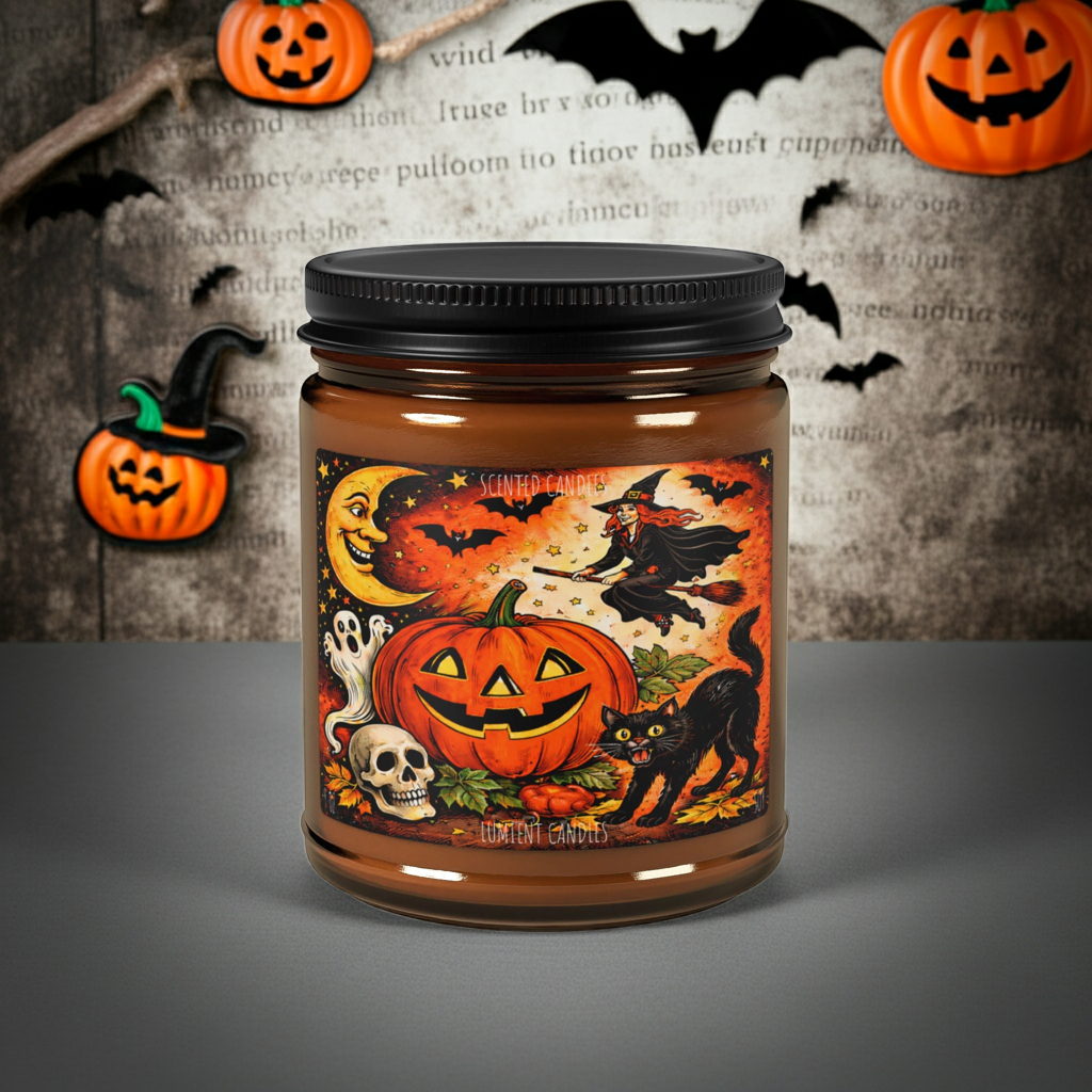 9 oz Halloween Pumpkin Witch Candle — Scented Soy Amber Jar