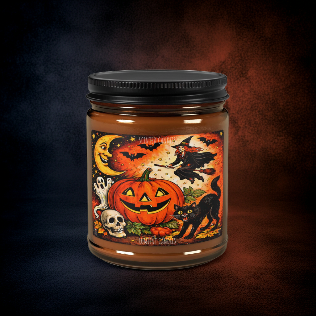 9 oz Halloween Pumpkin Witch Candle — Scented Soy Amber Jar