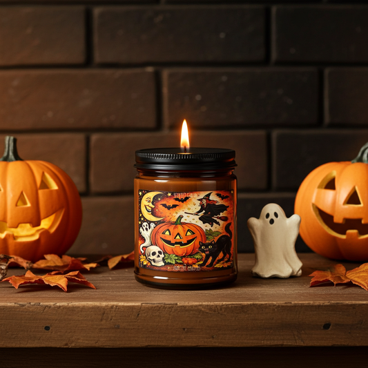 9 oz Halloween Pumpkin Witch Candle — Scented Soy Amber Jar