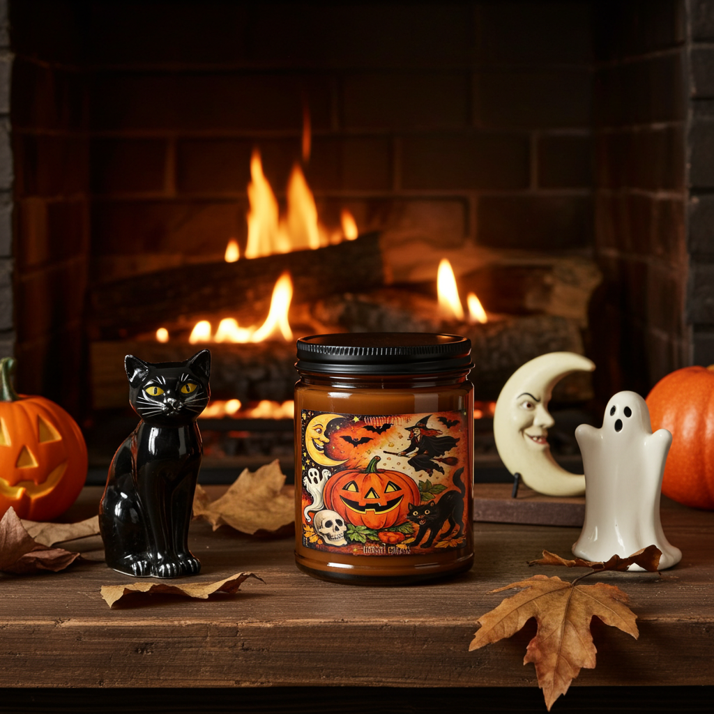 9 oz Halloween Pumpkin Witch Candle — Scented Soy Amber Jar