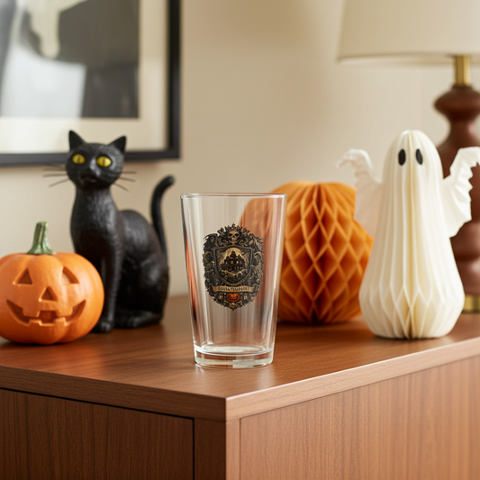 Medieval Crest Pint Glass — Vintage Halloween Skull & Castle 16oz Beer Glass