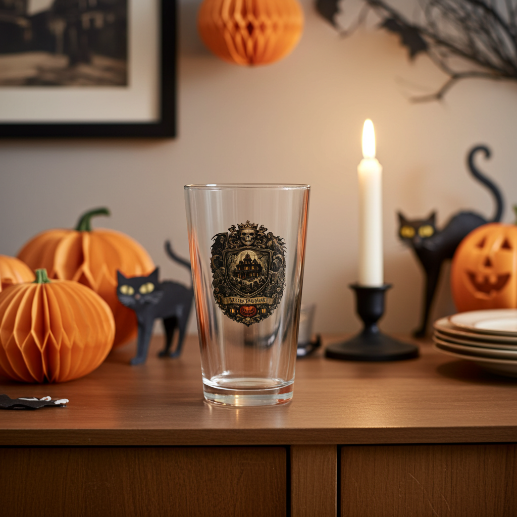 Medieval Crest Pint Glass — Vintage Halloween Skull & Castle 16oz Beer Glass