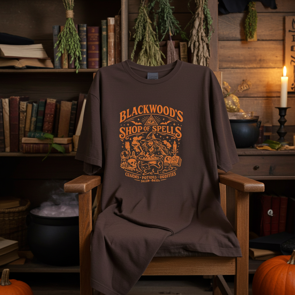 Witchy Graphic Tee — “Blackwood’s Shop of Spells” Vintage Potion T-Shirt