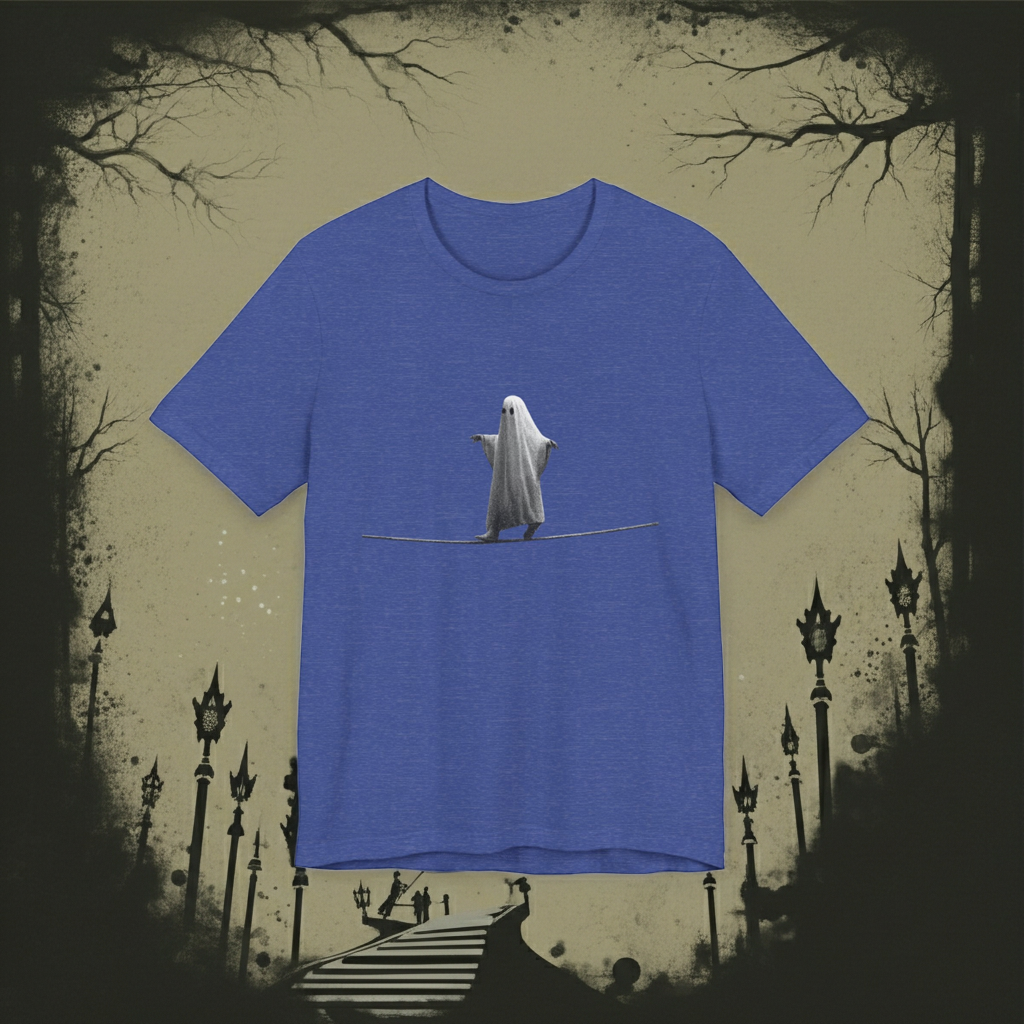 Ghost Balancer T‑Shirt — Minimalist Cute Ghost on Tightrope Tee