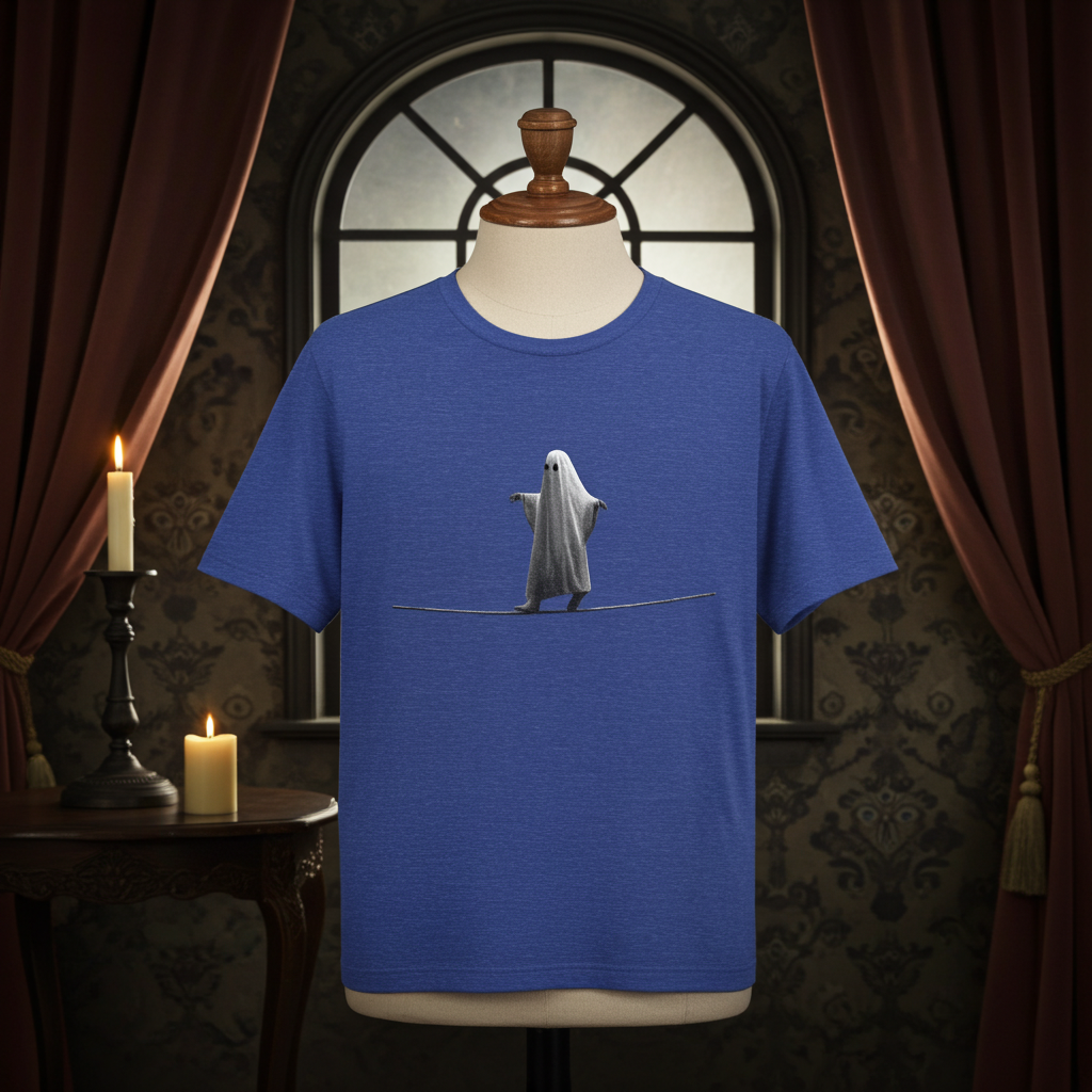Ghost Balancer T‑Shirt — Minimalist Cute Ghost on Tightrope Tee