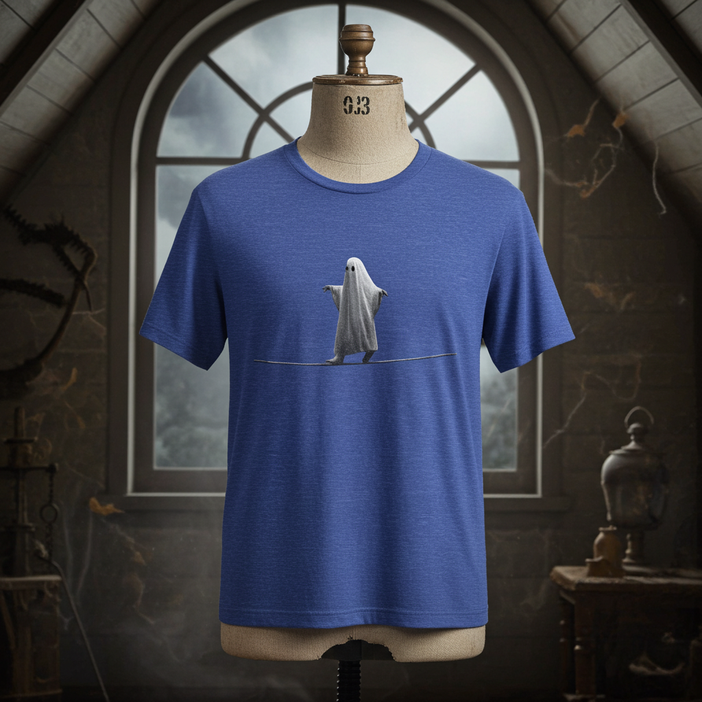 Ghost Balancer T‑Shirt — Minimalist Cute Ghost on Tightrope Tee
