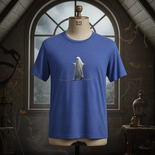 Ghost Balancer T‑Shirt — Minimalist Cute Ghost on Tightrope Tee